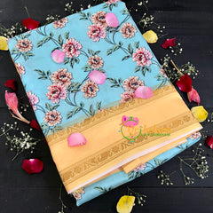 Blue with Yellow Floral Semi Soft Silk Saree-VS106