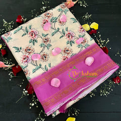 Beige with Purple Floral Semi Soft Silk Saree-VS104