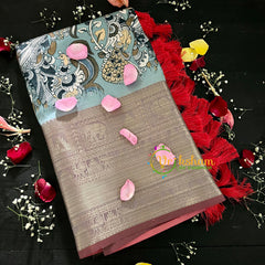 Blue Grey Kalamkari Semi Soft Silk Saree-VS115