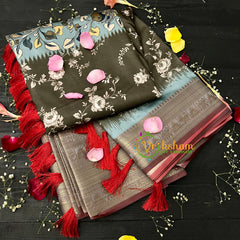 Blue Grey Kalamkari Semi Soft Silk Saree-VS115