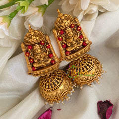 Beaded Traditional Lakshmi Temple Jhumkas-Red-G3134