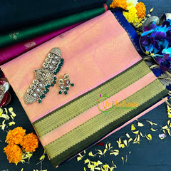 Peach with Blue Handloom Silk Cotton Saree-VS126