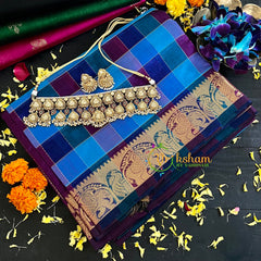 Blue Madras Checks Handloom Silk Cotton Saree-VS134