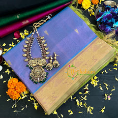 Steel Blue Grey with Green Handloom Silk Cotton Saree-VS139