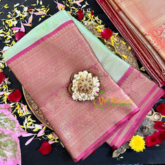 Pastel green with Pink Semi Benarasi Saree-VS175