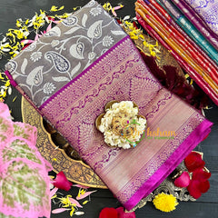 Grey Semi Benarasi Saree with Majenta Border-VS168