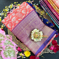 Orange with Blue Semi Benarasi Saree-VS173