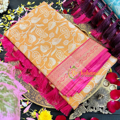 Yellow with Pink Semi Benarasi Saree-VS170
