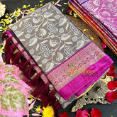 Grey Semi Benarasi Saree with Majenta Border-VS168