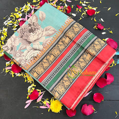Pastel Blue Semi Tussar Pastel Floral Saree-VS162