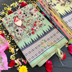Pista Green Semi Tussar Pastel Floral Saree-VS157