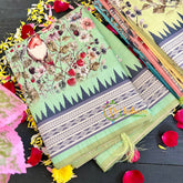 Pista Green Semi Tussar Pastel Floral Saree-VS157