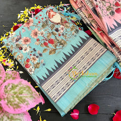 Pastel Blue Semi Tussar Pastel Floral Saree-VS152