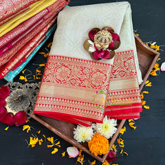 Half White with Red Kanchi Silk Saree-VS208
