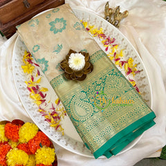 Beige and Teal Kanchi Silk Saree-VS212