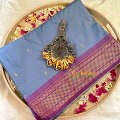 Steel Blue Semi Silk Saree with Purple Border -VS1032