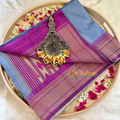 Steel Blue Semi Silk Saree with Purple Border -VS1032