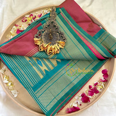 Soft Red Semi Silk Saree with Teal Border -VS1034