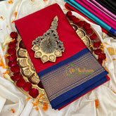 Red with Blue Border Semi Soft Silk Saree-VS255