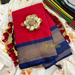 Red with Blue Border Semi Soft Silk Saree-VS255