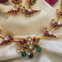 Premium AD Stone Lotus Pendant Hasli Choker-Parrot-Green Bead-G3965