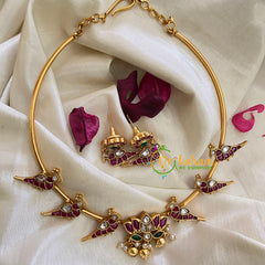 Premium AD Stone Lotus Pendant Hasli Choker-Peacock-Gold Bead-G3970