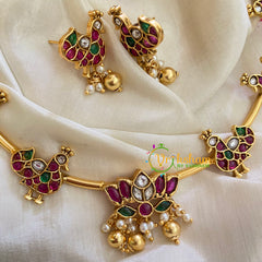 Premium AD Stone Lotus Pendant Hasli Choker-Swan-Gold Bead-G3969