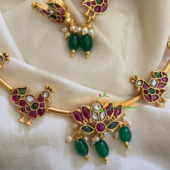 Premium AD Stone Lotus Pendant Hasli Choker-Swan-Green Bead-G3968