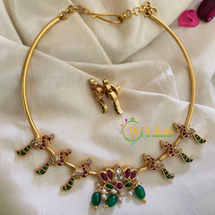 Premium AD Stone Lotus Pendant Hasli Choker-Peacock-Green Bead-G3971