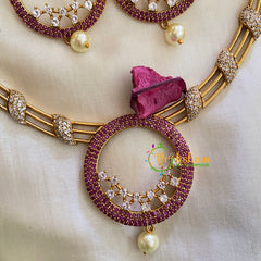 Premium AD Stone Pendant Hasli Choker-Circle-Red White-G3975