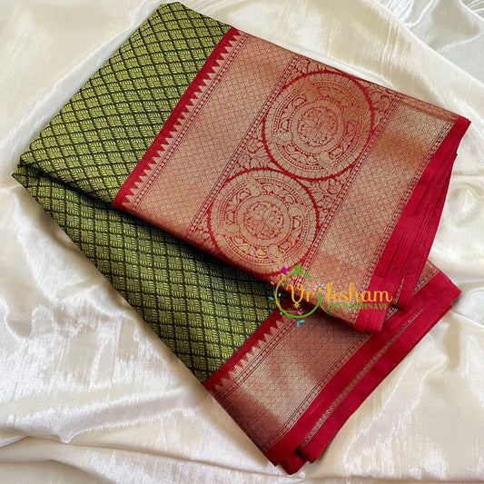 Olive Green with Red Border Saree -Kora Muslin Saree-VS501