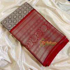 Grey with Red Kora Muslin Saree-VS504