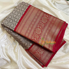 Grey with Red Kora Muslin Saree-VS504