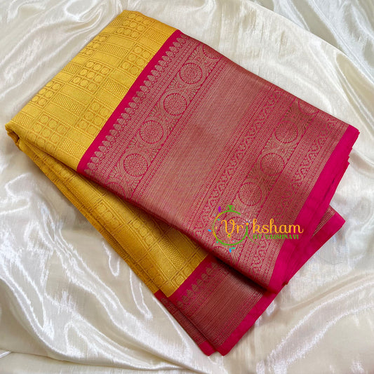 Yellow with Pink Kora Muslin Saree-VS506