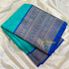 Turquoise with Blue Kora Muslin Saree-VS508