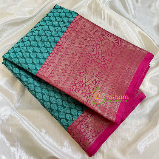 Aqua Green with Pink Kora Muslin Saree-VS509