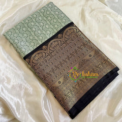 Green with Black Kora Muslin Saree-VS516