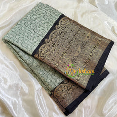 Green with Black Kora Muslin Saree-VS516