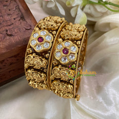 Premium AD Stone Floral Bangle Pair -White Red-Yazhi -Screw Type-G3151