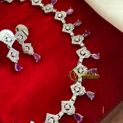 American Diamond Short Neckpiece- Pink Red Tear Drop-G3203