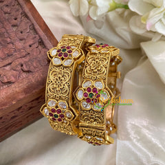Premium Green Red White AD Stone Bangle- Flower-Screw Type Bangles-G3169