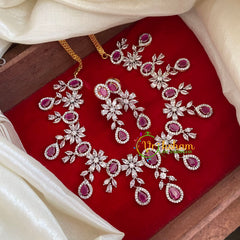 Pink Red American Diamond Bridal Choker-Short Neckpiece-G3216