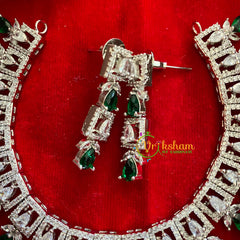 White Tone American Diamond Choker-Green Tear Drop-G3226n