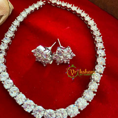 Simple White Tone American Diamond Choker with Flower Pendant-G3202