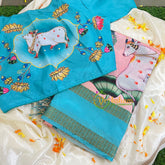 Baby Pink with Blue Border Pichwai Kalamkari Saree-VS440