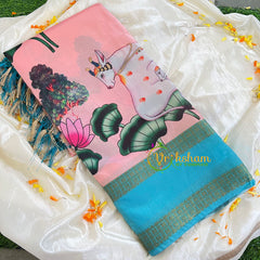 Baby Pink with Blue Border Pichwai Kalamkari Saree-VS440