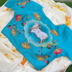 Baby Pink with Blue Border Pichwai Kalamkari Saree-VS440