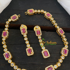 Gold American Diamond Choker Short Neckpiece -Red-G6558