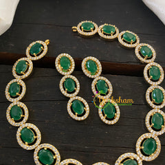 Gold American Diamond Choker Short Neckpiece-Green -G6564