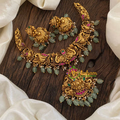 Lakshmi Jadau Kundan Short Neckpiece-Pastel Green Bead -J1173